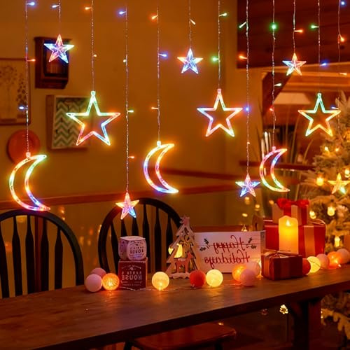Aigostar luces de cortina de Navidad con estrellas y lunas RGB, 3M*3M*0.6M, 8 Modos Cadena de Luces con Remoto, 120 LED, temporizador, Resistente al Agua, para exterior y Interior, decoracion navidad