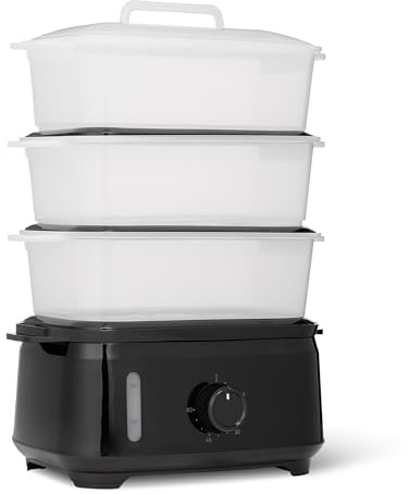 Amazon Basics - Vaporiera Elettrica per la Cottura di Verdure con Design a 3 Livelli, Senza BPA, 9L, 950W, Colore Nero