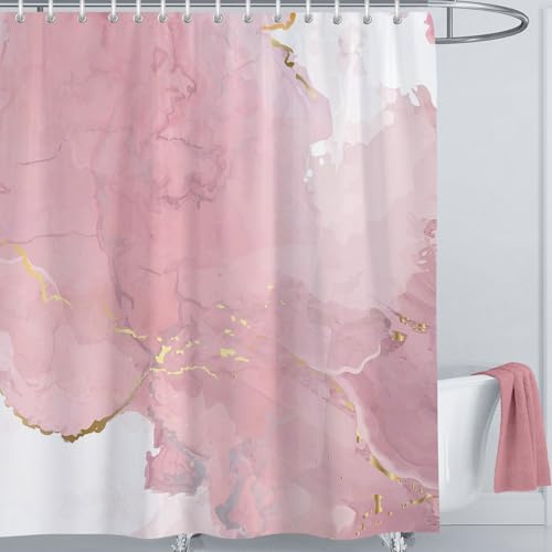 LIVETTY Shower Curtains Pink Marble Shower Curtain 180x180cm Waterproof For Women & Men With 12 Hooks Washable Quick-Drying Curtains