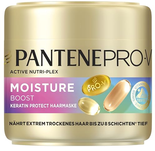 Pantene Pro-V Moisture Boost Keratin Protect Haarmaske 300ml Extrem Trockenes Haar. Nährt bis zu 8 Schichten Tief und Schließt Luftfeuchtigkeit Aus. Pro-V Formel und Active Nutri-Plex-Technologie