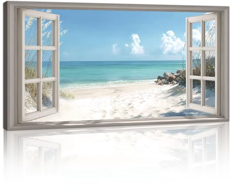 Playa Vista 3D Ventana Efecto Marco de Madera Cuadros Decoracion Salon Modernos Azul Costa Paisaje Pintura Lienzos Decor Natural Paisaje Cuadros Salón Pasillos Dormitorio Comedor Oficina 100x50cm