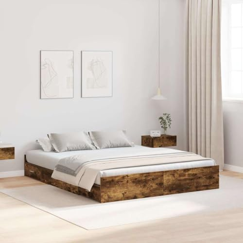 LoogCape Aufbewahrungsbettgestell Geräucherte Eiche, 135 x 190 cm, Doppelbett mit Schubladen, Holzwerkstoff, Stabiler Lattenrost für Schlafzimmer