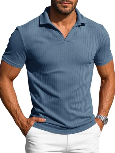 Runcati Polo de manga corta para hombre, cuello en V, camiseta de punto Slim Fit, polo de verano, monocolor, camiseta de golf, para tiempo libre, elástico, parte superior, azul, M