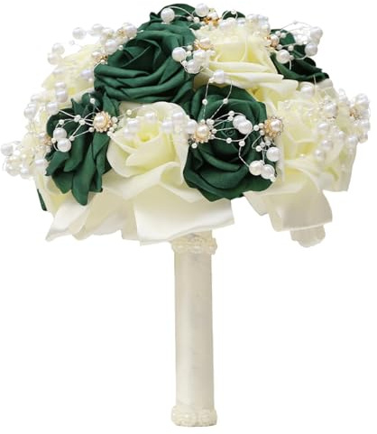 Hperu Bouquet per la sposa - Elegante bouquet da sposa rosa eterna con perle e strass, da tenere in mano per la e le damigelle, verde bianco - Fiori verdi