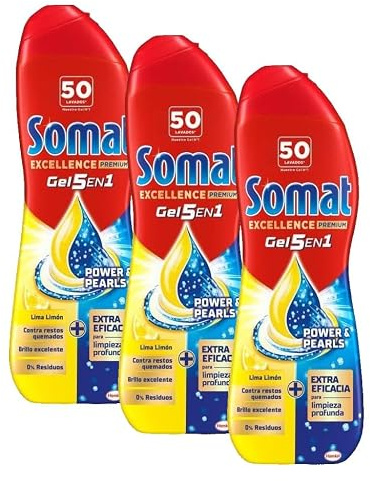 Somat Excellence Gel Lima y Limón (50 lavados), detergente lavavajillas desengrasante, lavavajilla líquido automático en botella, jabón para platos que elimina la suciedad incrustada (Paquete de 3)