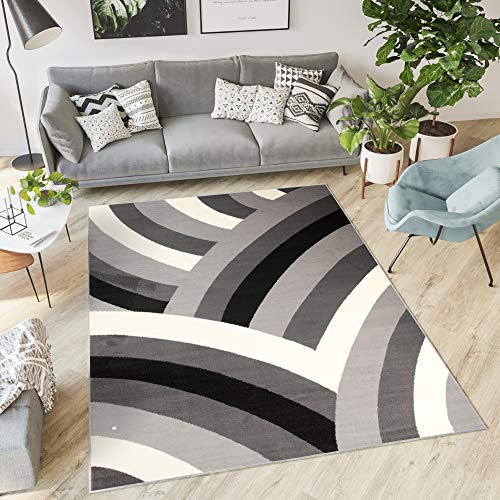 TAPISO Dream Teppich Wohnzimmer Kurzflor Modern Grau Weiß Schwarz Wellen Streifen Schlafzimmer Gästezimmer Esszimmer ÖKOTEX 180 x 250 cm