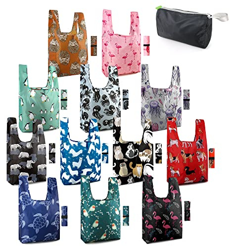 BeeGreen Reusable Grocery Bags Foldable 12 Pack Large Cute Totes - Heavy Duty Washable Holiday Cloth Gifts Bag with Handles, Reusable Gift Bulk Shopping Bags for Groceries for Women Animal Lover​
