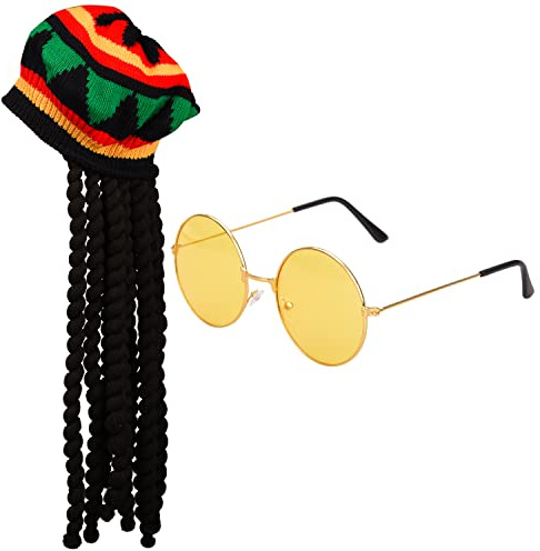 MFUOE 2 Pack Rasta Set Rasta Hat with Black Dreadlocks Wig and Yellow Glasses Caribbean Fancy Dress Costume