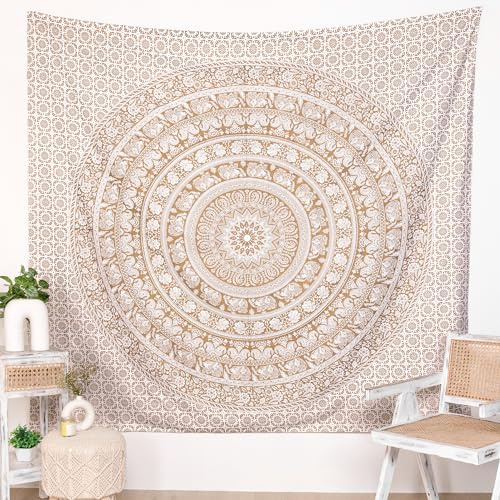 RAJRANG Mandala Tapestry for Bedroom and Living Room Decor Boho Bohemian Wall Hanging Cotton Tapestries Golden 127x152 cm