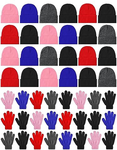 48 Pcs Kids Winter Beanie and Gloves Set Bulk Pack Knit Hat Unisex Magic Gloves Pack Winter Gift for Boy Girl Donation Favor