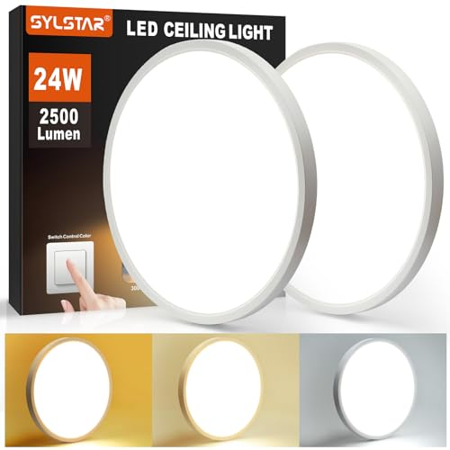 SYLSTAR LED Deckenleuchte, 2Stück 24W 2500LM Ultra Dünn Deckenlampe 3000/4000/6000K 3Farben per Wandschalter Wechselbar, Rund Deckenleuchten IP44 für Badezimmer Schlafzimmer Wohnzimmer Küche, Ø30cm