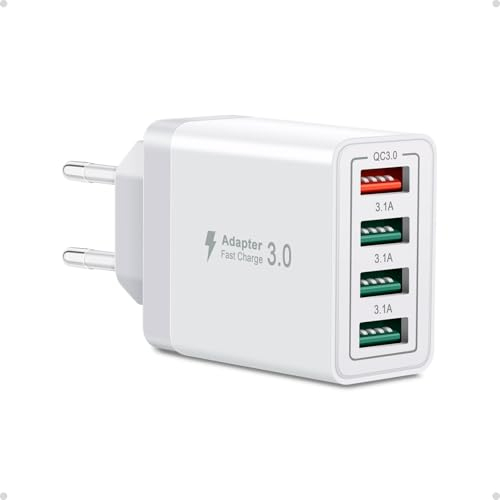 USB Ladegerät, Cshare 4-Ports 33W Ladestecker mit QC 3.0 Schnellladegerät Mehrfach, USB Stecker Netzteil für iPhone 15 14 13 12 11 Pro Max Plus, iPad, Samsung Galaxy S24 S23 Handy Mehrfachsteckdose.