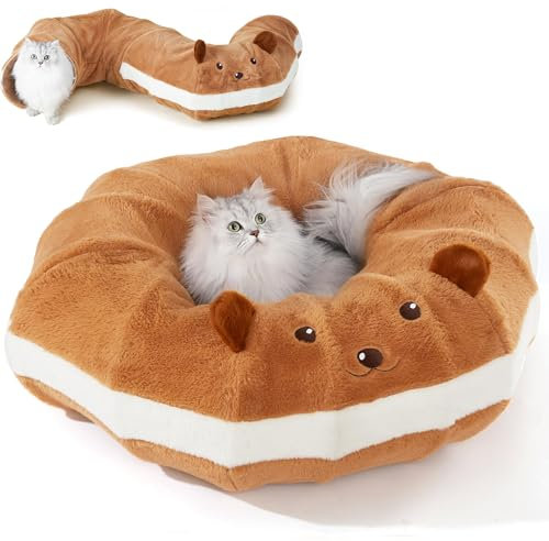 FUKUMARU Tunnel per Gatti,Cuccia Pieghevole XL Con Orecchie di Carta Increspata,Cuscino Lavabile,Tunnel Rotondo a Forma di Ciambelle per Animali Domestici,Giocattolo per Gattini e Conigli,