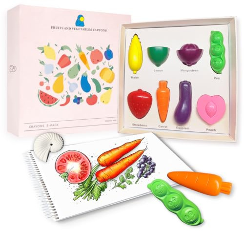 R&DLanci Toddler Crayons 8 Count, Non Toxic Washable Crayons for Toddlers, Unbreakable Easy-Grip Vegetable & Fruit Shaped Crayon for Little Hands, Art and Craft Supplies for Kids