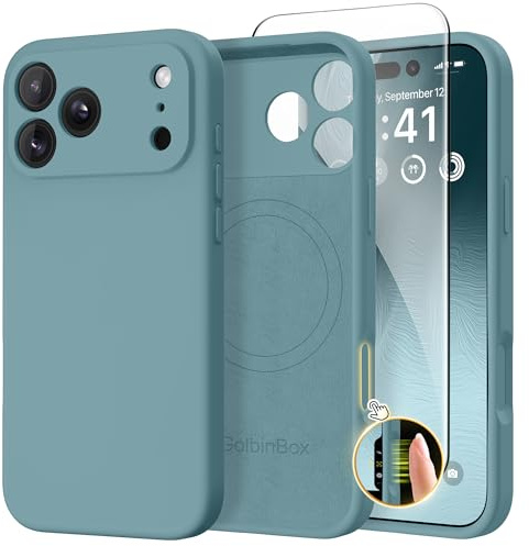 GolbinBox Magnetic for iPhone 17 Pro Case, Compatible with MagSafe, [Full Camera Protection] [Screen Protector], Silicone Shockproof Phone Cover with Anti-Scratch Microfiber Lining, Wave Green