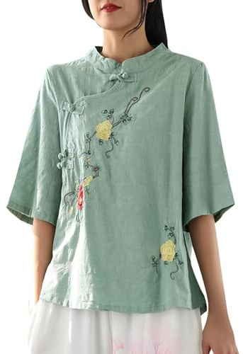 Chinois Col Montant National Grande Taille Chemise Lin Femmes Chemisier Manches Longues Bleu Clair, vert, XL