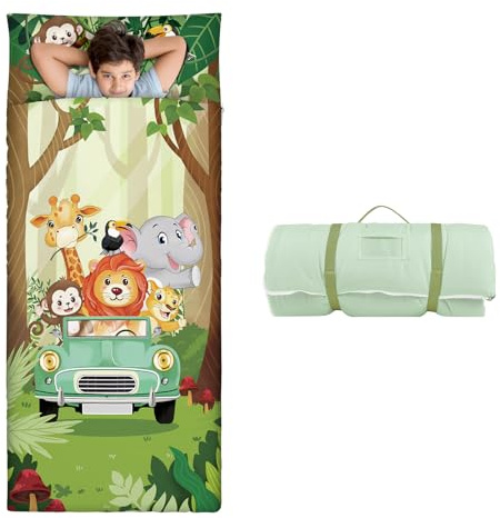 Grandi Dimensioni Sacco a Pelo Bambino con Rimovibile Cuscino 170×75cm, Pieghevole Nap Mat Caldo per Bambini Ragazzi, Nap Mats con Doppia Cerniera per Campeggio, Scuola Materna e Asilo, Animali