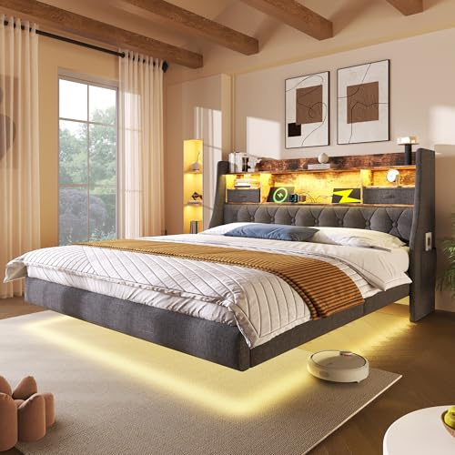 HESHU Polsterbett 180x200 Bett mit LED und USB Ladestation,Stauraum Kopfteil, Bettgestell Schwebebett Bettrahmen Erwachsene,Leinen, Ohne Matratze