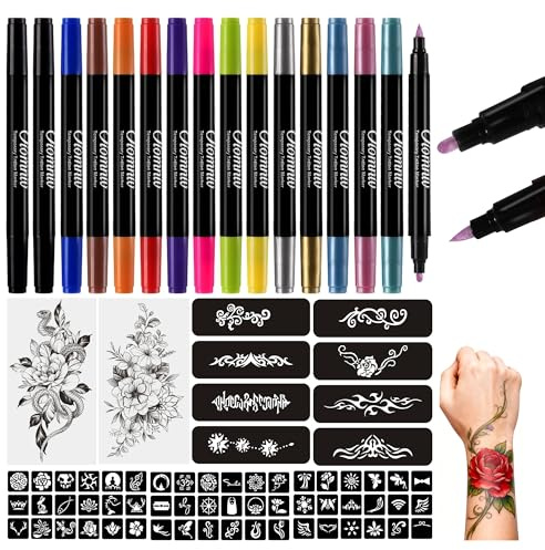 Oiomniv Temporary Tattoo Markers for Skin,15 PCS Tattoo Pens Body Markers Dual-End for Kids Adults, 62 Tattoo Stencils 2 Tattoos Stickers, Glitter Matte Face Paint Markers Kits, Skin Safe