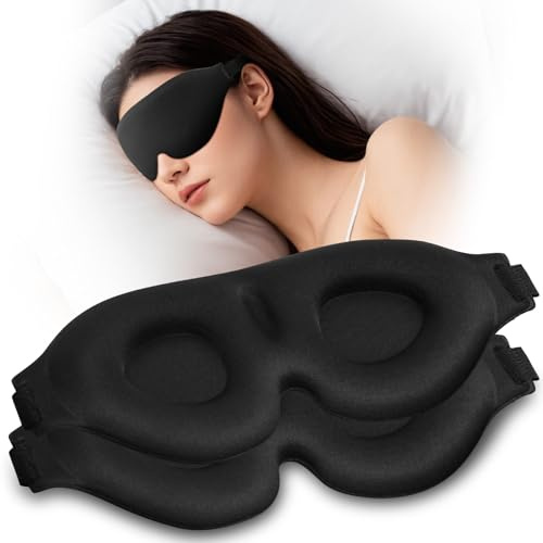 ALIIP Schlafmaske 3D 2er, Lichtblockierend, Schwarz | Atmungsaktive Augenmaske mit Ohrstöpseln, für Seitenschläfer & Reisen