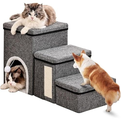 3 Step Foldable Dog Steps for Bed & Sofa,4 in1 Pet Stairs with Storage Box,Scratcher,Toy Ball,House for Small Dogs Cats,Grey