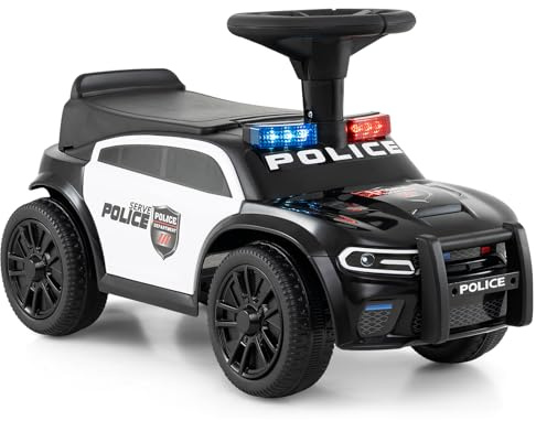COSTWAY Ride on Police Car, Toddler Foot to Floor Sliding Car with Steering Wheel, Under-Seat Storage, Siren Sounds, Music & Flashing Lights, Kids Ride on Toy for Boys Girls 18+ Months (Black)