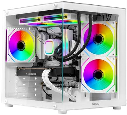Nuwo Vitra BH100 | Micro-ATX Micro Tower Gaming PC-fodral | 3 ARGB 120 mm fläktar | Dubbelkammarstruktur | Fram- och sidopanel i härdat glas | Vit