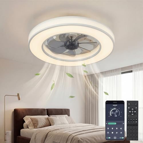 XEMQENER Ceiling Fans with Lights and Remote, 6 Speeds and Dimmable LED Ceiling Fan Light, Low Profile Modern Fan Lamp for Bedroom Living Room Dining Room(41.5cm)