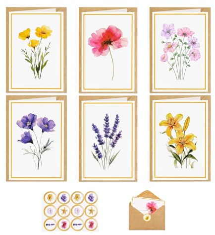36 cartes de vœux florales avec enveloppes, intérieur vierge | Cartes pliables pour anniversaire, mariage, baptême, Pâques, remerciements et messages personnels