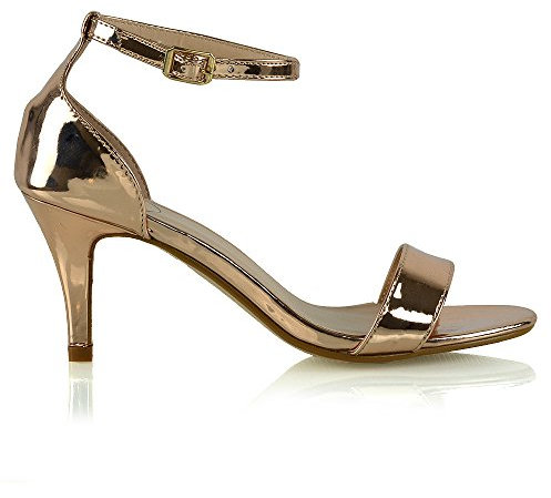 ESSEX GLAM Womens Low Heel Sandals Peep Toe Stiletto Ladies Barely There Ankle Strap Shoes (UK 6 / EU 39 / US 8, ROSE GOLD METALLIC)