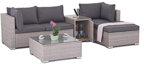 Enjoy Fit Rattan Polyrattan Lounge Sitzgruppe Garnitur Gartenmöbel aus 3 Sitzer Sofa, Hocker, Tisch mit Stauraum und Abstelltisch mit Glassplatte
