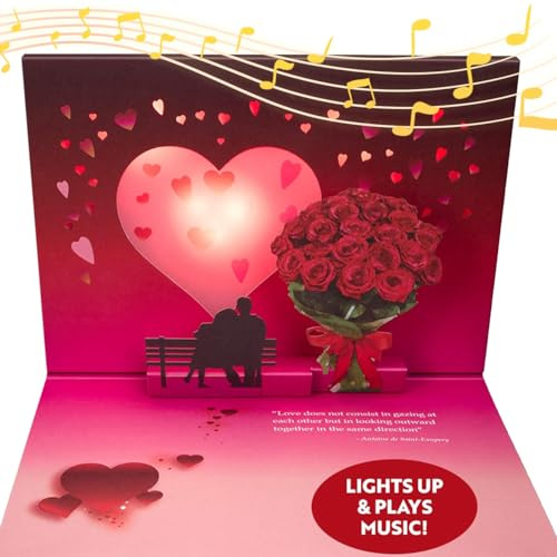 Pop Up Valentines Day Card Plays Unchained Melody - 3D Romantic Couple Scene with Roses & Glowing Heart Sunset - Musical Keepsake Gift For Your Sweetheart with Lights & Music (Cute Couple)