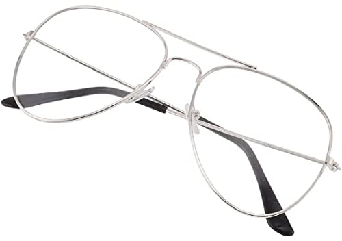 jokeshop Silver Frame Clear Lens Retro Pilot Glasses Top Flight Sunglasses Festival Fashion Fancy Dress