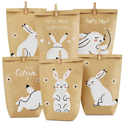 Geschenktüten zu Ostern, 12 Bedruckte Ostertüten zum Befüllen, Osterhase Papiertüten Set für Osternest Dekoration und Geschenk Mitgebsel, zum Verpacken von Geschenken für Kinder und Erwachsene