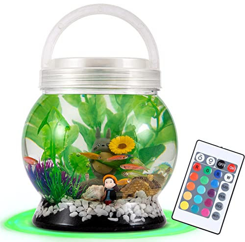 LA KEN DU,Small Betta Tetra Fish Tank Decorations Set-Aquarium with 20 Color LED Lighting,Fish Night Light Aquarium for Kids,0.5-Gallon,Transparent