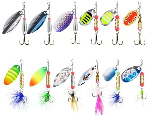 TRUSCEND Señuelos de Pesca de Cola de Gallo Cuerpo y Hoja de Cobre Brillante, Cucharas giratorias bidireccionales para Pesca con Jigging, Cebo de Cuchilla para lubina, Trucha