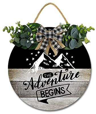 Imahoocool The Adventure Begins Themed Wreath for Front Door Rustic Camper Decor Sign Home RV Camper Accessories Wall Décor Gift Idea for Friend Family Motorhomes,Farmhouse RV Camping Black 12-Inch