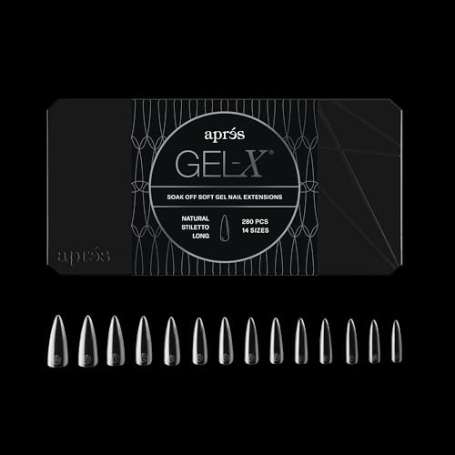 Apres Gel-X® Stiletto Box of Nail Tips | 280 Soft Gel Tips, 14 Sizes 00-9 | Half-sizes Included (Natural Stiletto Long, 280 Count)