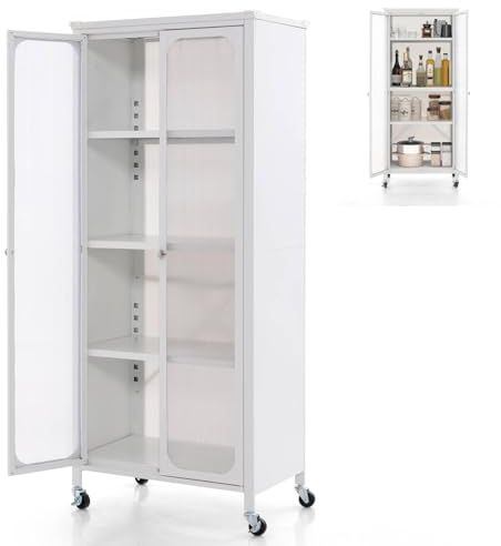 GiantexUK Storage Cabinet on Wheels, Mobile Kitchen Cupboard with Doors, Adjustable Shelves & Anti-Toppling Device, Metal Frame Freestanding Buffet Sideboard for Dining Living Room (60 x 36 x 147cm)