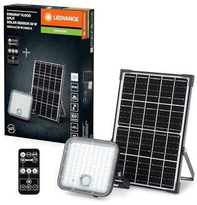 LEDVANCE LED-Solar-Außenleuchte Endura Outdoor schwarz mit Flutlicht und Solar-Panel, 5 m langes Kabel, mit Fernbedienung und PIR-Bewegungsmelder, 30 W, 4500 lm, 840, 4000 K Lichtfarbe, EEK A