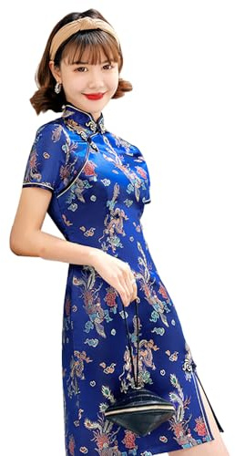 ZNLFS Women's Cheongsam Dress Bodycon Mandarin Collar Short Sleeve Slim Fit Side Slit Floral Print Dragon Mini Qipao (UK, Numeric, 16, Regular, Regular, Dark Blue Dragon)