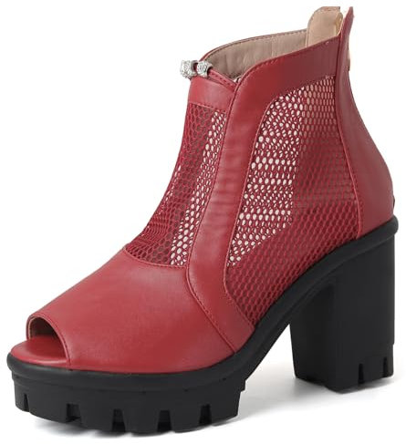 Gicoiz Femme Eté Peep Toe Mode Chunky Plateforme Romain Bottes Lacets Combat Ankle Bottines Sequins Mesh Sandales Rouge Taille 36 EU