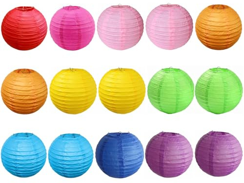 15pcs Colorful Paper Lanterns Multicolor Hanging Ball Lanterns for Birthday Wedding Bridal Baby Shower Home Office Classroom Outdoor Indoor Party Decoration (12 inch)