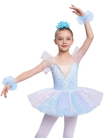 Freebily Vestido De Princesa De Danza De Ballet para Niñas Leotardo Sin Mangas Lentejuelas Vestido De Tutú con Diadema Y Puños Disfraz Bailarina