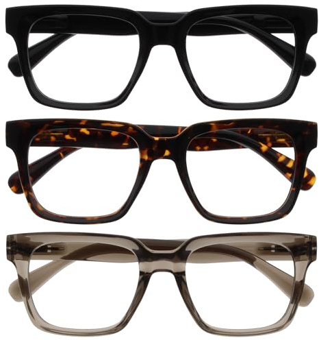 OPULIZE ERA Lunette anti lumiere bleue femme & homme - Lunettes Loupe Ecran/Gaming - Lot de 3 - Cadre Surdimensionné - Anti-éblouissement Anti-Reflet Protection UV - Noir Brun Gris - +1,50