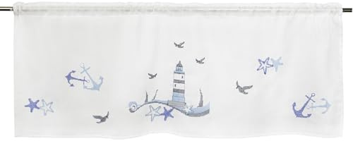 Delindo Lifestyle Rideau brise-bise motif phare, rideau de bistrot, moderne et transparent, blanc/bleu, pour cuisine et salle de bain, 45 x 115 cm