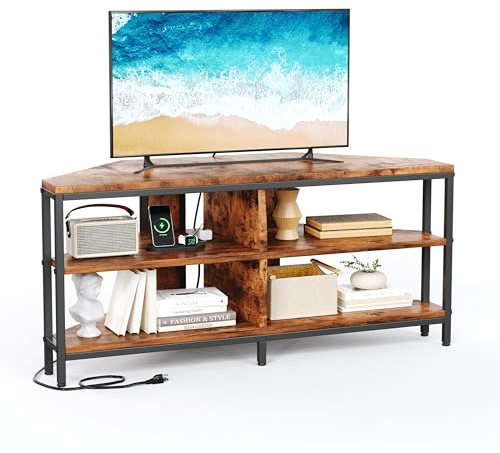 CAIYUN 106 cm Corner TV Unit with Power Outlet, 42 inch TV Stand Cabinet for Living Room, TV Bench for 32/45/50/55 inch, Wooden TV Stand for Bedroom, Rustic Brown