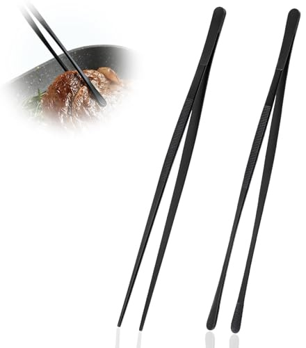 Pinzas de Precisión de Cocina de Acero Inoxidable, Juego de 2 Pinzas Largas de 30 cm para Emplatar, Barbacoa y Servir Alimentos, Punta Fina y Redondeada, Mango Antideslizante, Negro