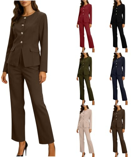 Two Piece Outfit Women, Button Down Suit Jacket Women's Trouser Suits Elegant Outwear for Business and Office Round Neck Ladies Lightweight Jackets with High Waist Palazzo Trousers Coffee
