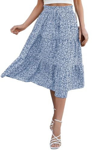 Olasfa Falda Midi Mujer Verano Cintura Elástica Alta Falda Larga Mujer Elegante Bohemia para Vacaciones Playa Casual